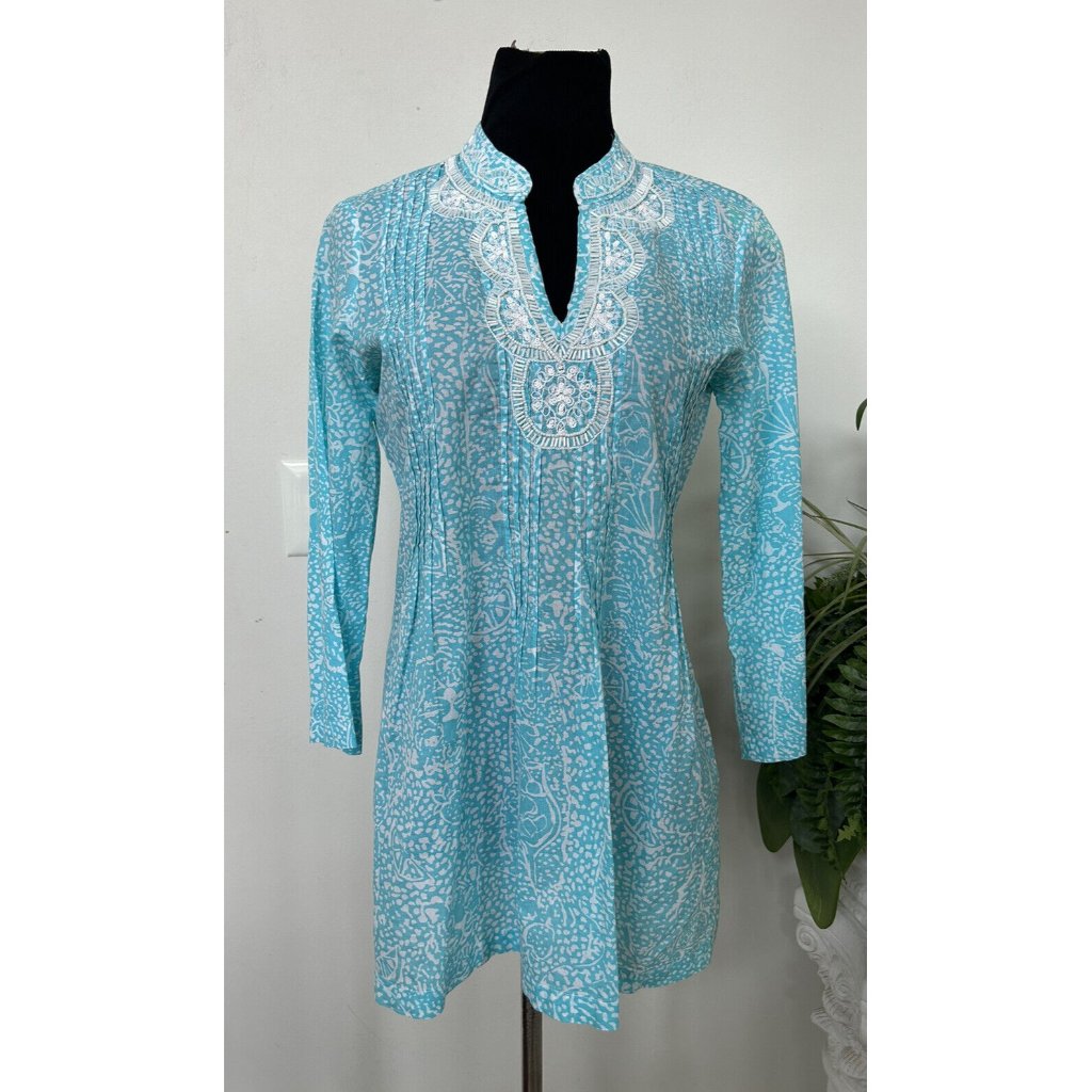 Lilly Pulitzer Women’s Beaded Tunic 100% Cotton Blue White Shirt Top Size S